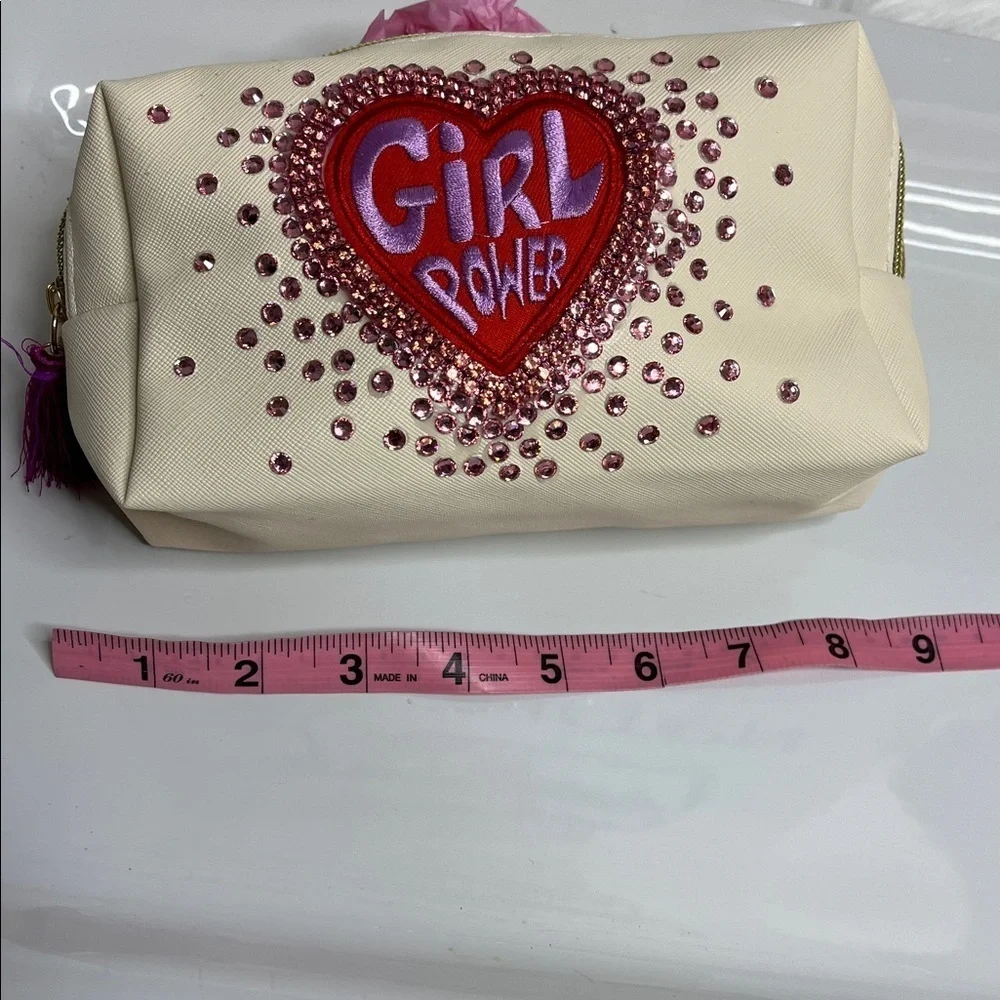 Cream Makeup Bag with Girl Power Crystal  Design